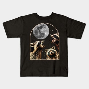 Three Racoons Howling At Moon - Funny Raccoon Cursed Meme Kids T-Shirt